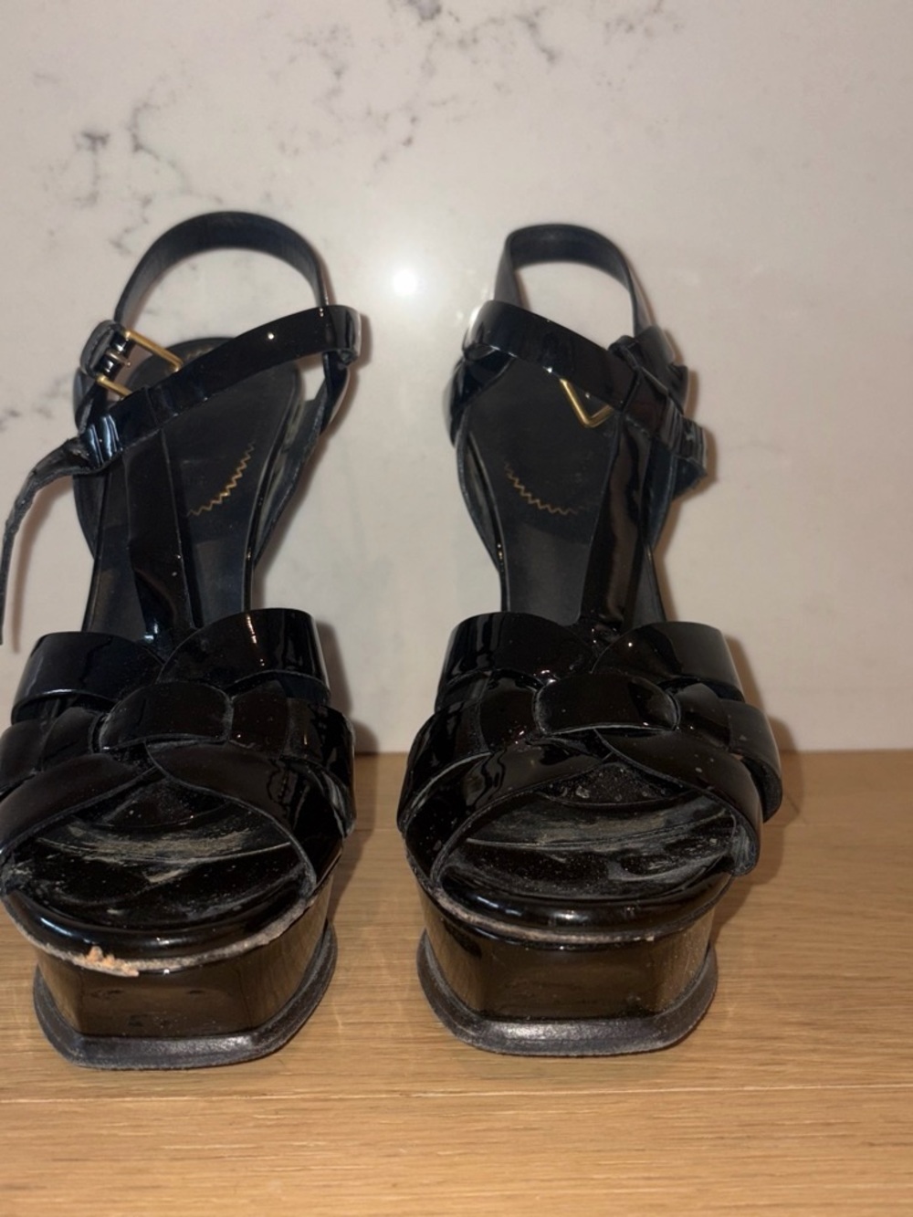 Saint Laurent Black Patent Platform Woven Sandals